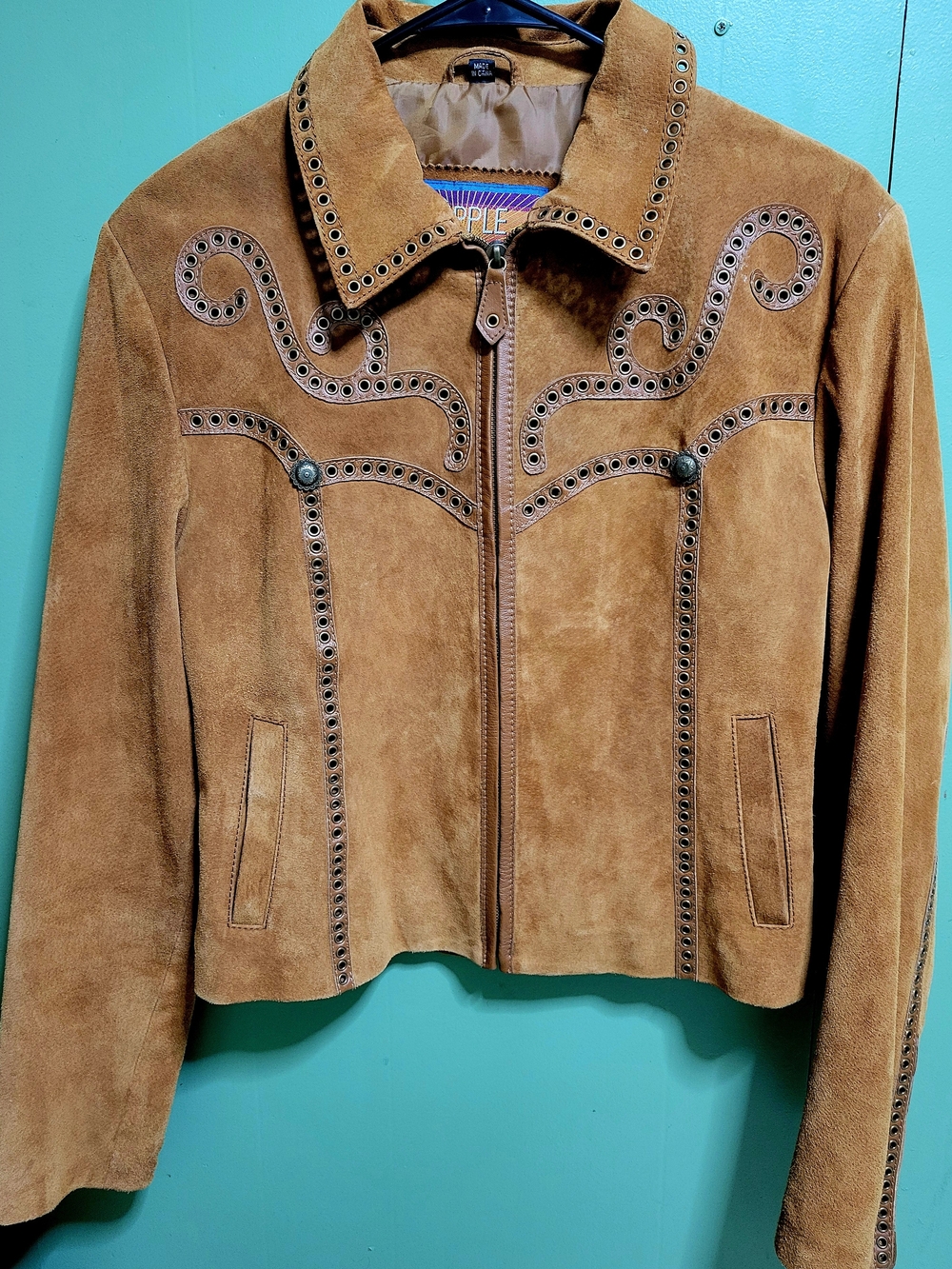 Suede Eyelet-Trim Leather Jacket in Brown